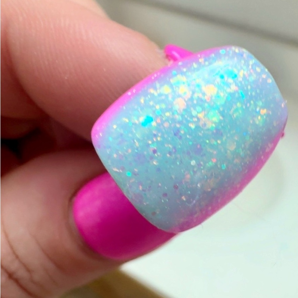 Pink Teal Medium Coffin Glittery Nail Press-Ons
